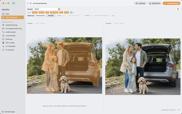 Das Werkzeug „AI Anonymisieren“ von OtterPix auf macOS: links ein Familienfoto mit nummerierten Personen- und Auto-Erkennungen, rechts die Ausgabe, in der Erwachsene und Auto verwischt sind und eine Person scharf bleibt.