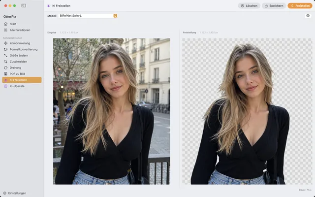 Das Werkzeug „KI Freistellen“ von OtterPix auf macOS: links ein Porträt als Eingabe, rechts in der „Freistellung“ dasselbe Motiv auf transparentem Schachbrettmuster – mit sauberen Haarkanten.
