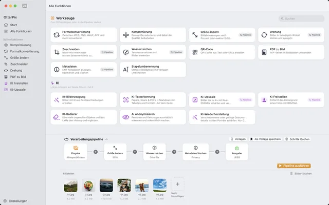 Die Verarbeitungspipeline von OtterPix auf macOS: Die Schritte „Größe ändern“, „Wasserzeichen“ und „Metadaten löschen“ führen in einen JPEG-Ausgabe-Knoten, darunter sechs geladene Fotos.