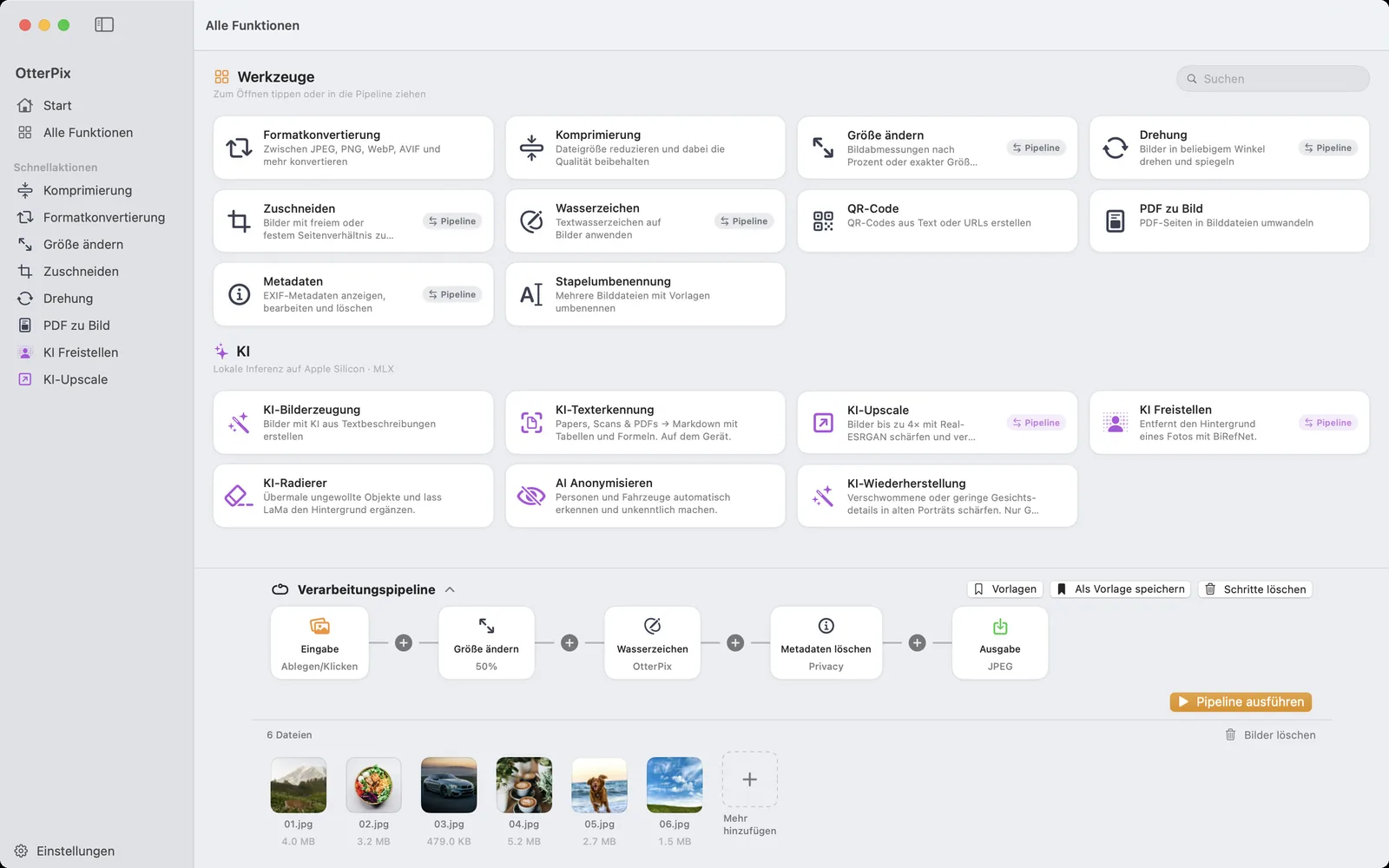 Die OtterPix-Pipeline auf macOS: ein Eingabe-Knoten, die Schritte „Größe ändern“, „Wasserzeichen“ und „Metadaten löschen“, ein Ausgabe-Knoten und darunter ein Stapel aus sechs Bildern.