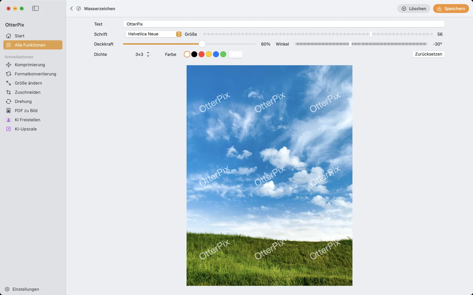 Das Wasserzeichen-Werkzeug von OtterPix auf macOS: halbtransparenter „OtterPix“-Schriftzug diagonal über ein Wiesenfoto gekachelt, darüber Regler für Schrift, Größe, Deckkraft, Winkel, Dichte und Farbe.