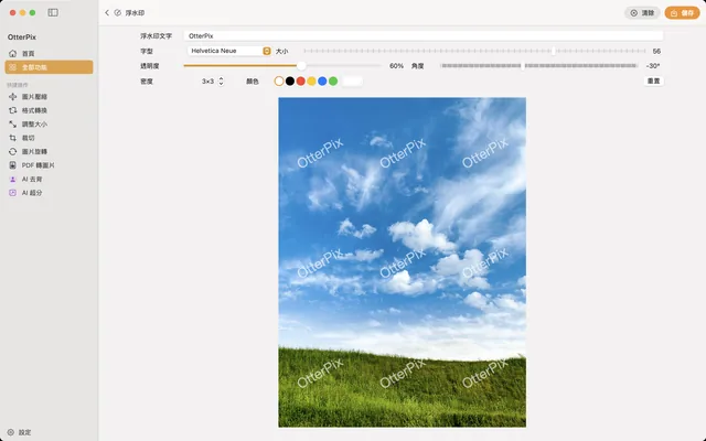 macOS 上的 OtterPix 浮水印工具：半透明的「OtterPix」文字以斜角平鋪在草地相片上，上方是浮水印文字、字型、大小、透明度、角度、密度和顏色控制項。