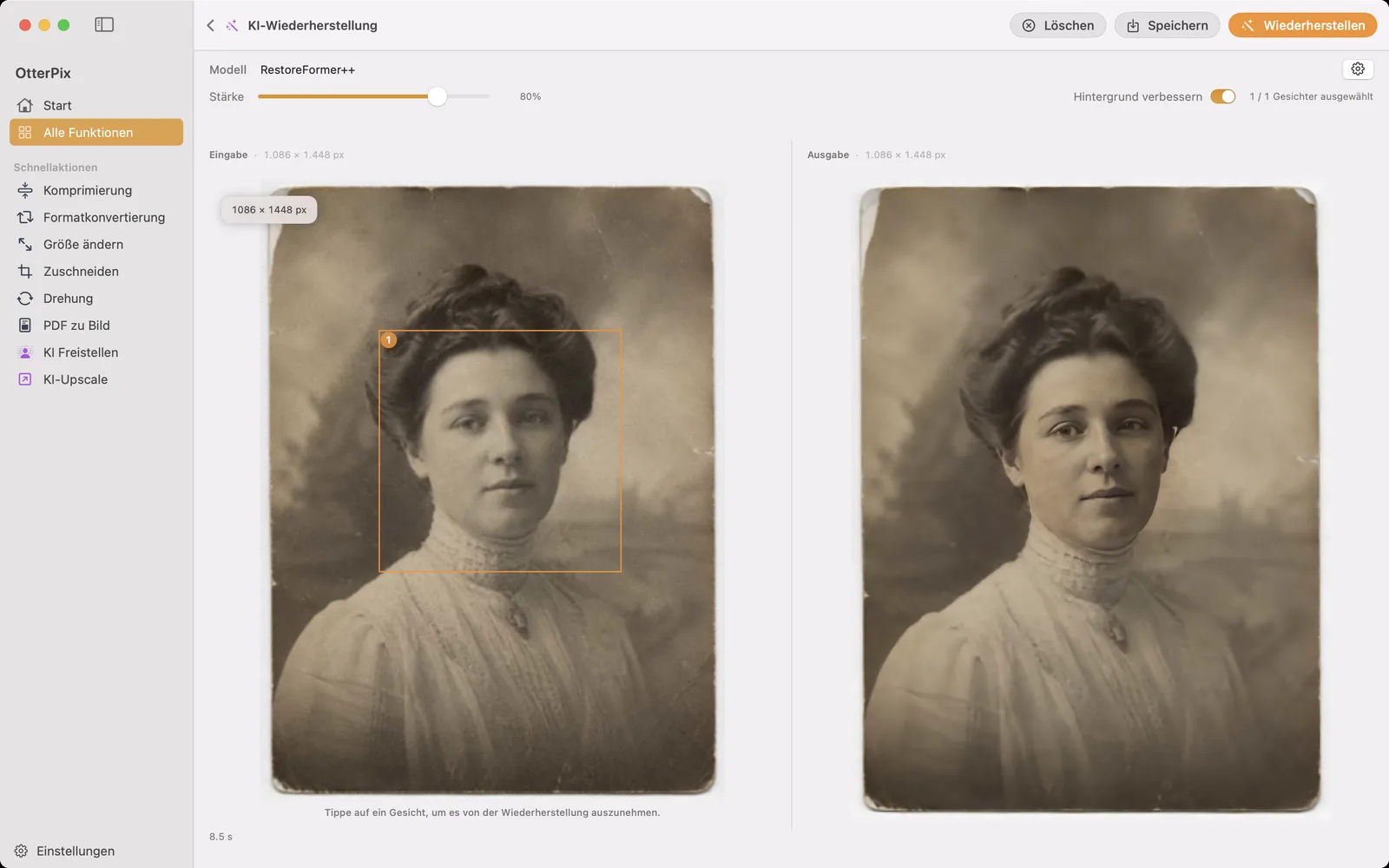 Das Werkzeug „KI-Wiederherstellung“ von OtterPix auf macOS mit einem alten Sepia-Porträt: Im Eingabebereich ist das erkannte Gesicht markiert, in der Ausgabe erscheint es deutlich schärfer.