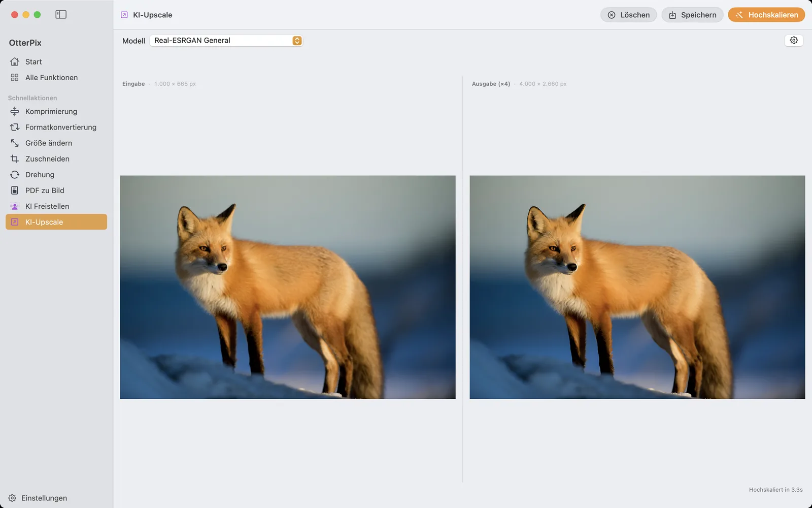 Das Werkzeug „KI-Upscale“ von OtterPix auf macOS: Ein Fuchsfoto mit 1.000 × 665 px liegt links, rechts zeigt der Bereich „Ausgabe (×4)“ die vergrößerte Fassung mit 4.000 × 2.660 px, jeweils mit Pixelmaßen darüber.