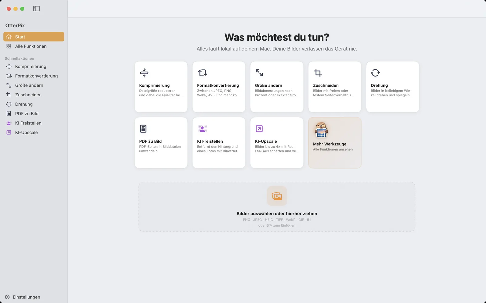 Der OtterPix-Startbildschirm auf macOS mit Werkzeugkarten, Ablagezone und dem Hinweis, dass alles lokal läuft und Bilder das Gerät nie verlassen.